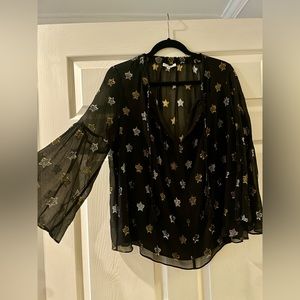 Rebecca Minkoff Derora Silk Black, Gold and Silver Stars Top